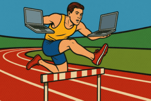 Ilustração de um site para criar IA sendo usado para transformar um prompt simples em arte digital realista.